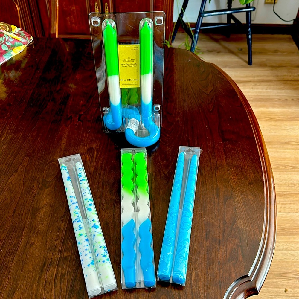 Unscented candles. 3 pr. 12 inch tapers. 1 set of two conjoined 19 inch tapers.